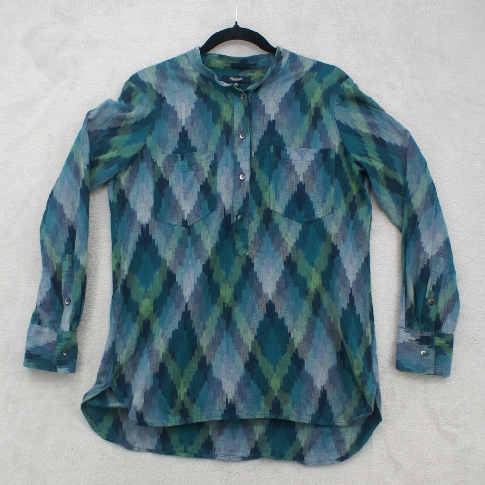 Madewell Womens M Ikat Popover Tunic Shirt Blue Green Long Sleeve Boho Blouse
